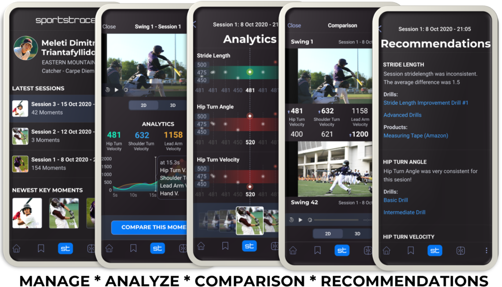 SportsTrace mobile application screens with video management, analysis, comparison, and recommendations.