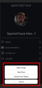 SportsTrace App Profile Picture Edit Menu
