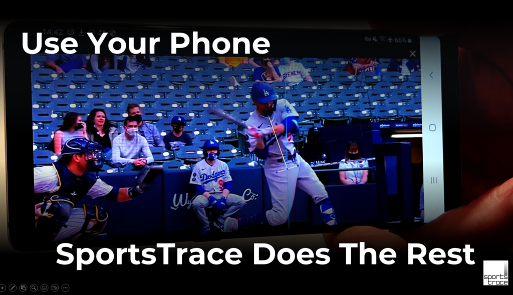 "Use your phone, SportsTrace does the rest" phone image using SportsTrace app for baseball