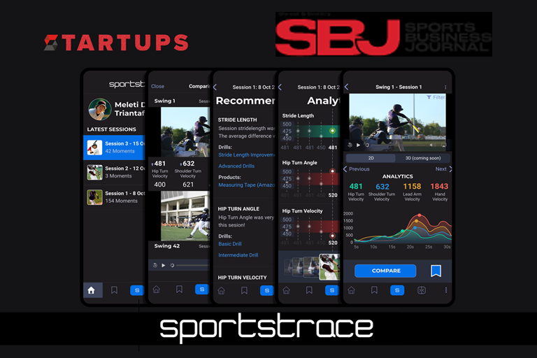 SportsTrace 5 mobile screens promoting Sports Business Jornal (SBJ) startup article